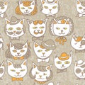 Cute cats retro portraits seamless pattern. vintage vector pets  background. Royalty Free Stock Photo